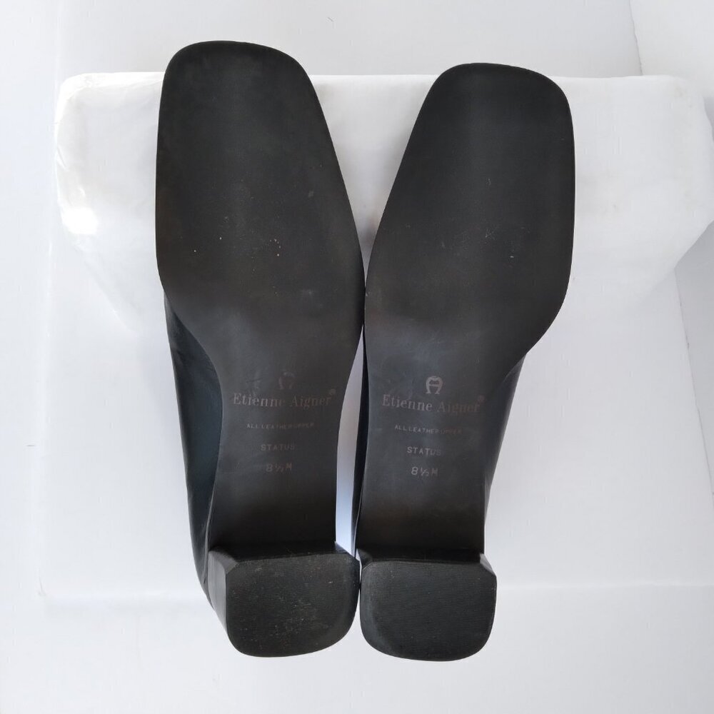 Stylish 90's Navy Leather 'Status' Slip On Square Toe Block Heel Shoes Sz 8.5 - Picture 7 of 10